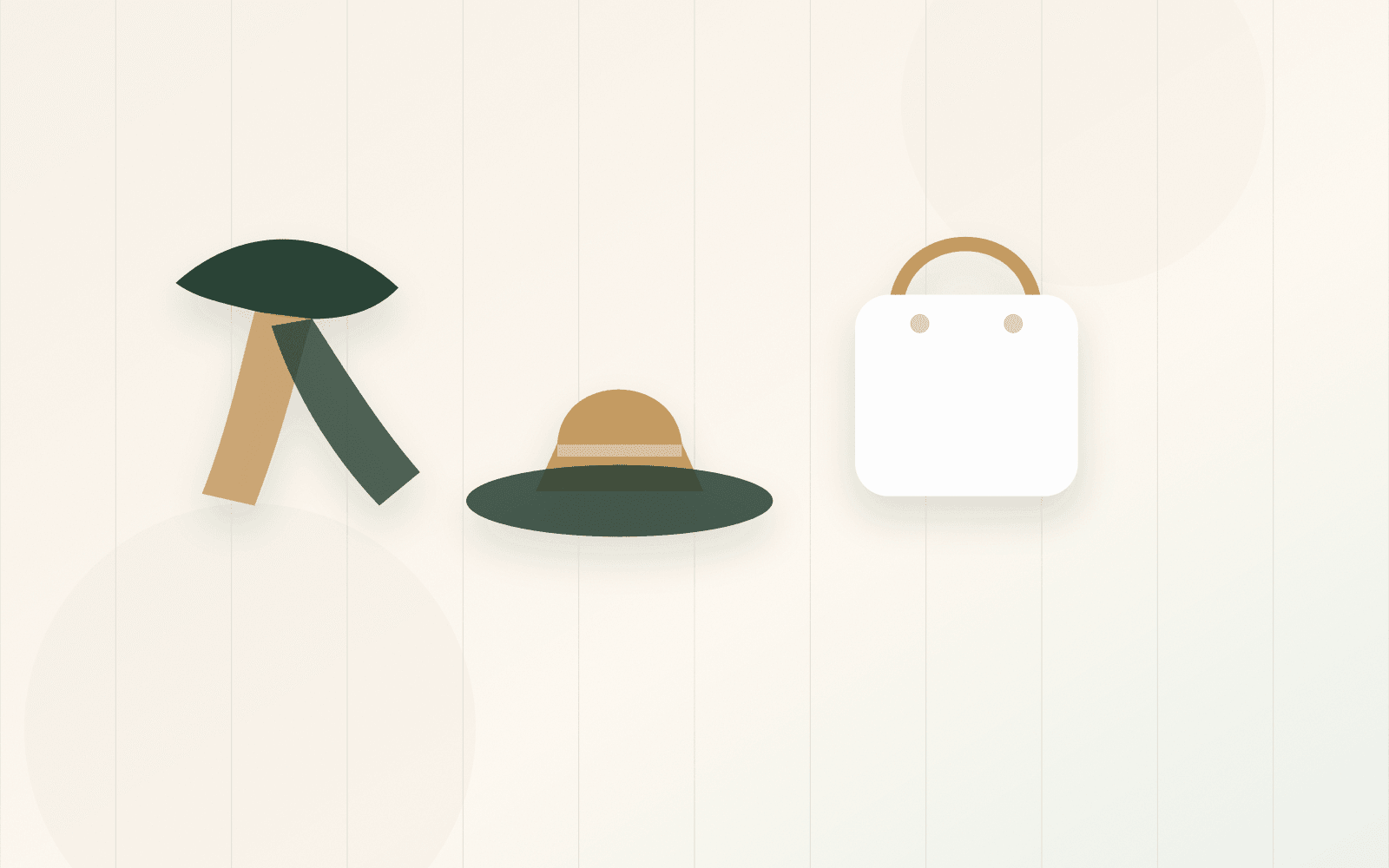 Compact card scene with scarf fold, hat curve, and shoulder bag strap