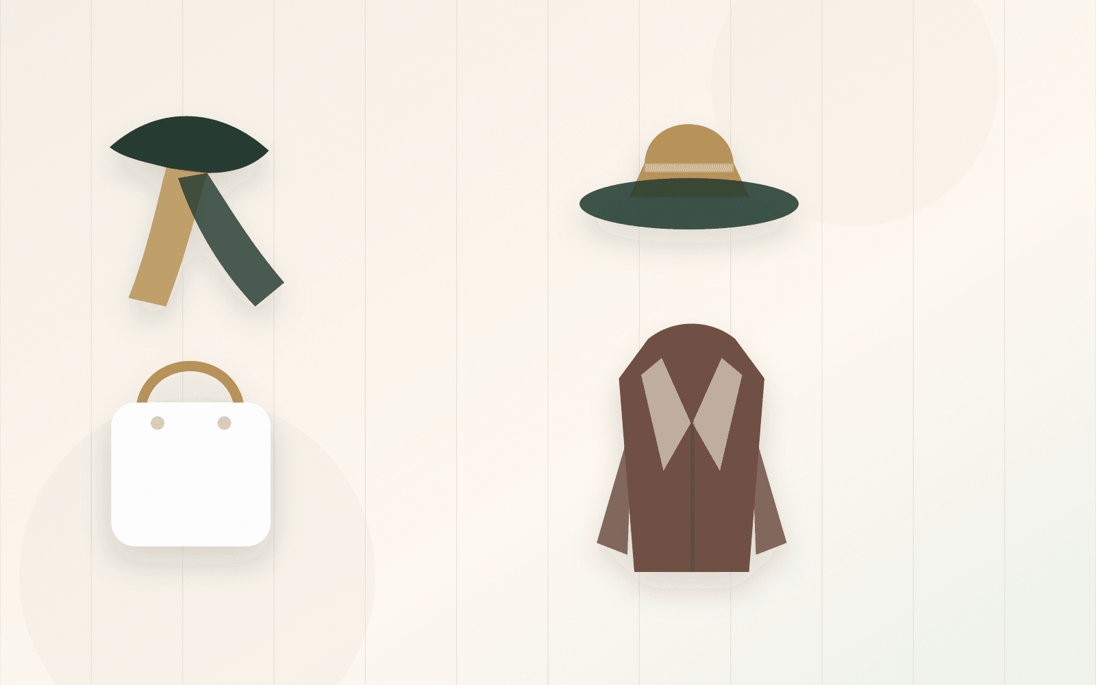 Silk scarf, felt hat, compact shoulder bag, and wool coat laid out on an ivory surface