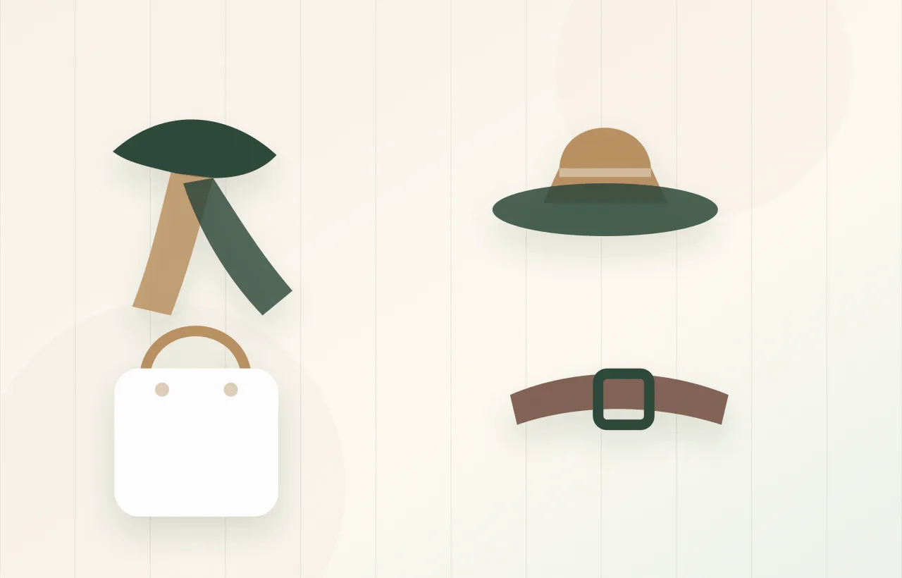 Accessory scale study with scarf knots, hat brim, and bag strap widths