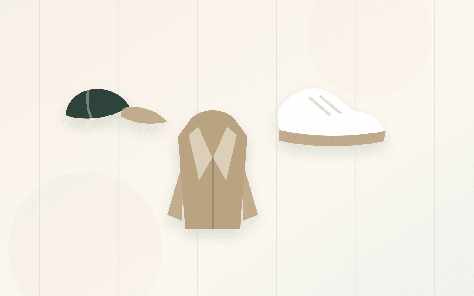 Compact card scene with coat lapel, cap brim, and clean sneaker detail