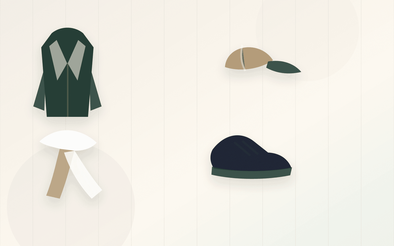 Wool coat, tonal baseball cap, knit scarf, and leather sneakers on a fashion table