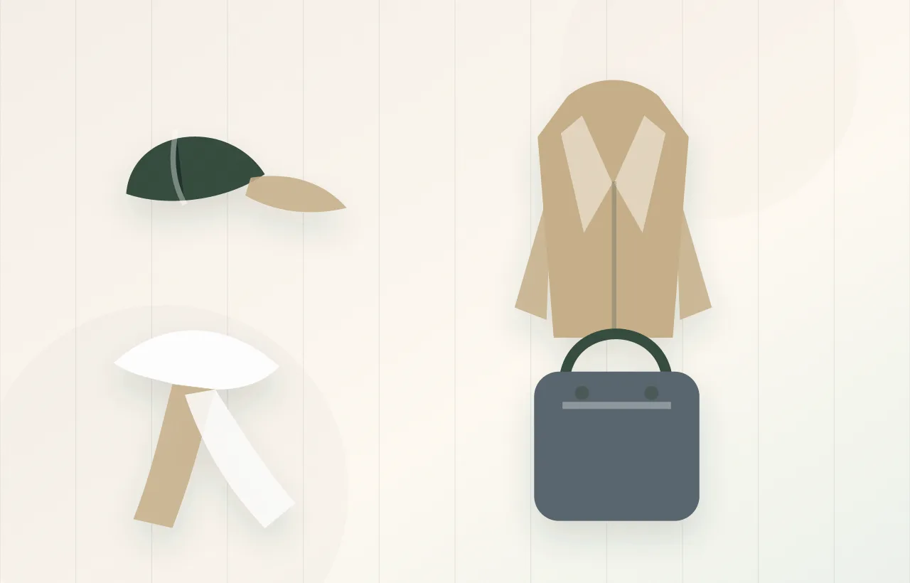 Tonal cap beside coat fabric swatches and a narrow scarf