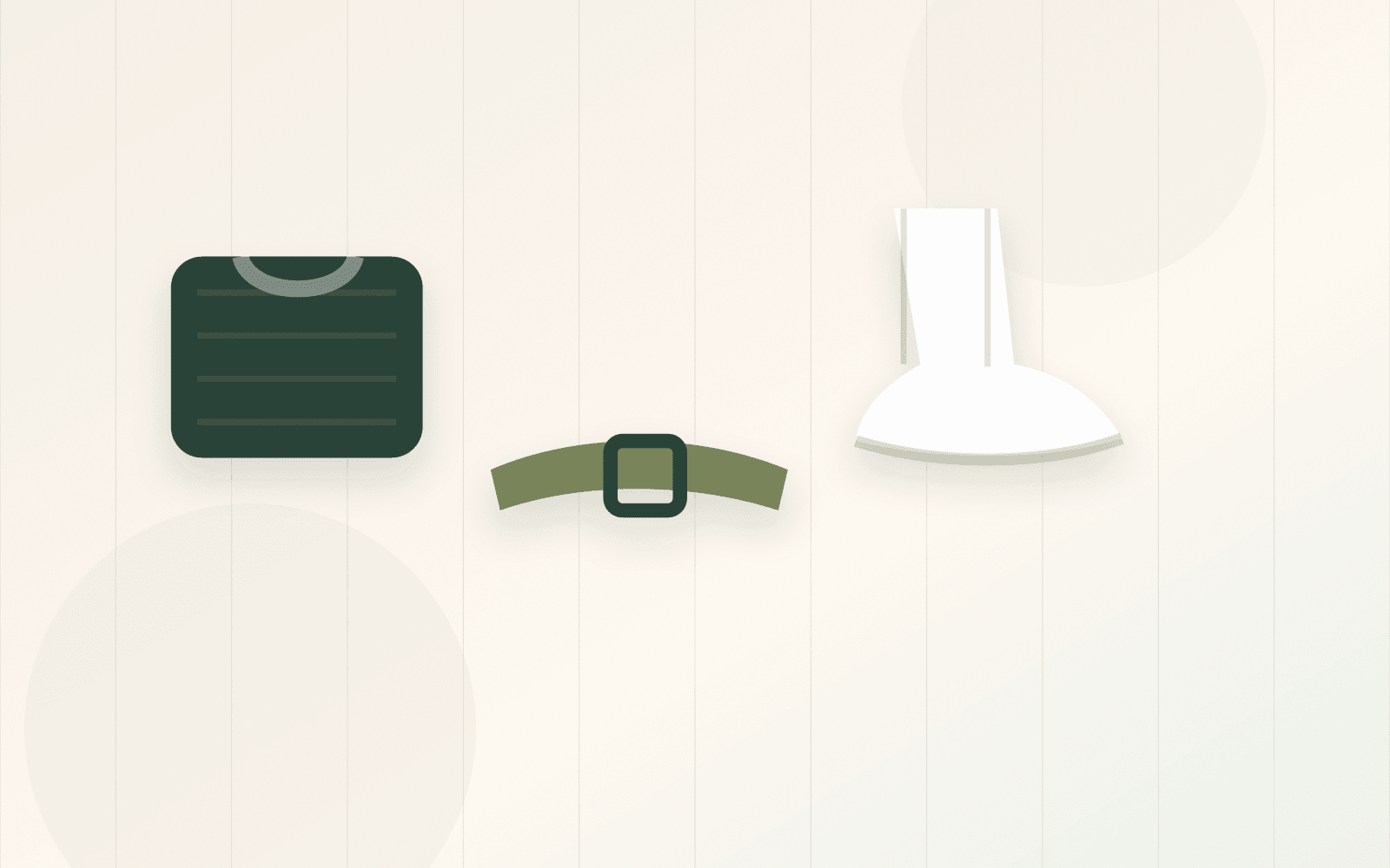 Compact card scene with olive color anchor, cream knit, and black boot shape