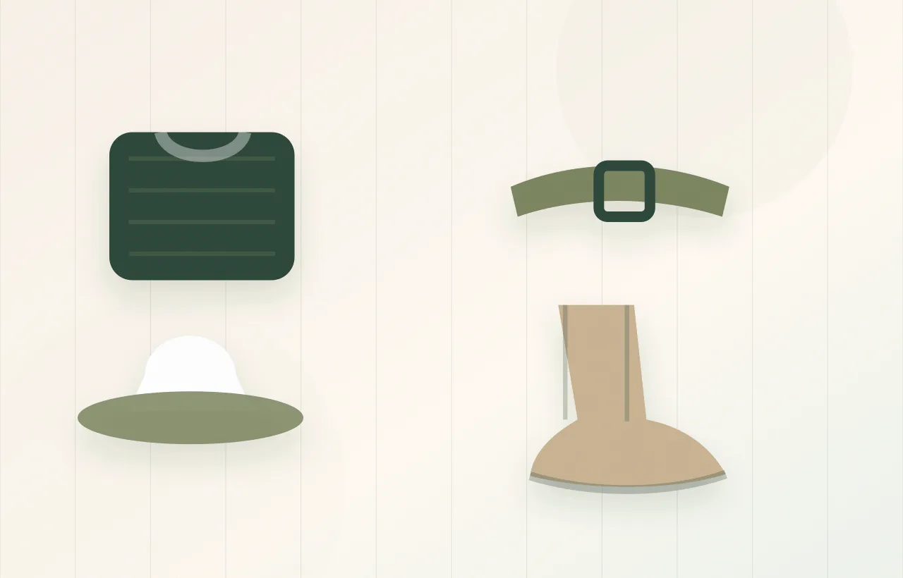 Folded knitwear, belt, hat, and shoes grouped by color anchor