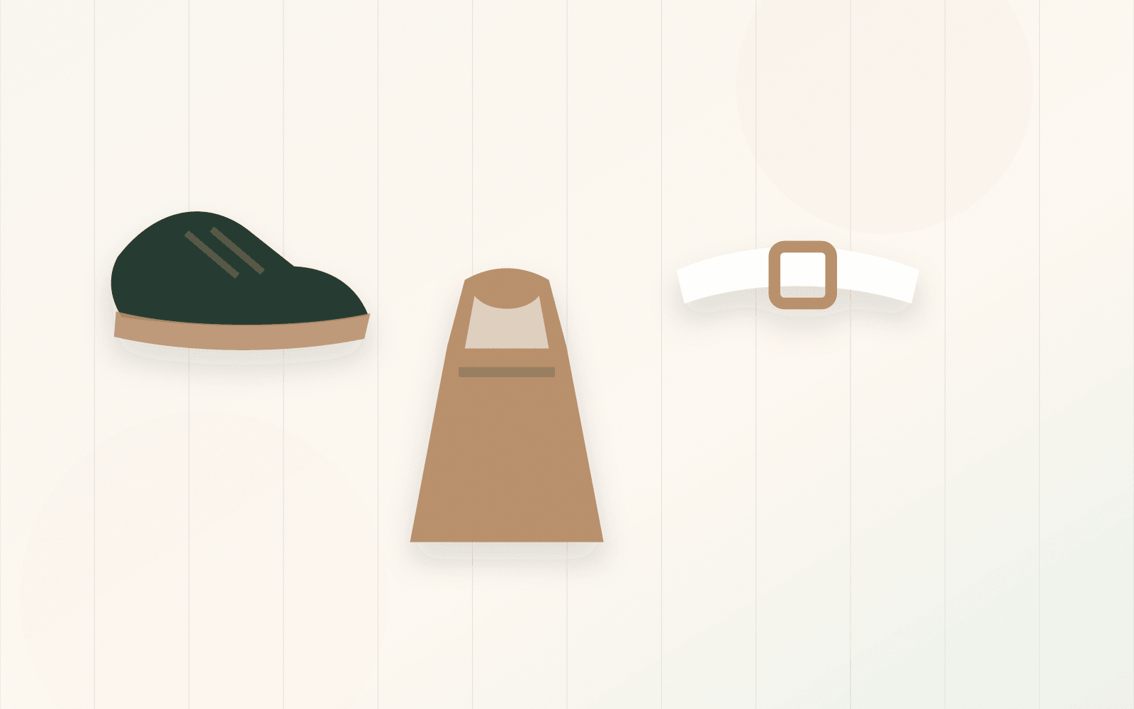 Compact card scene with white sneaker sole, dress hem, and woven belt detail