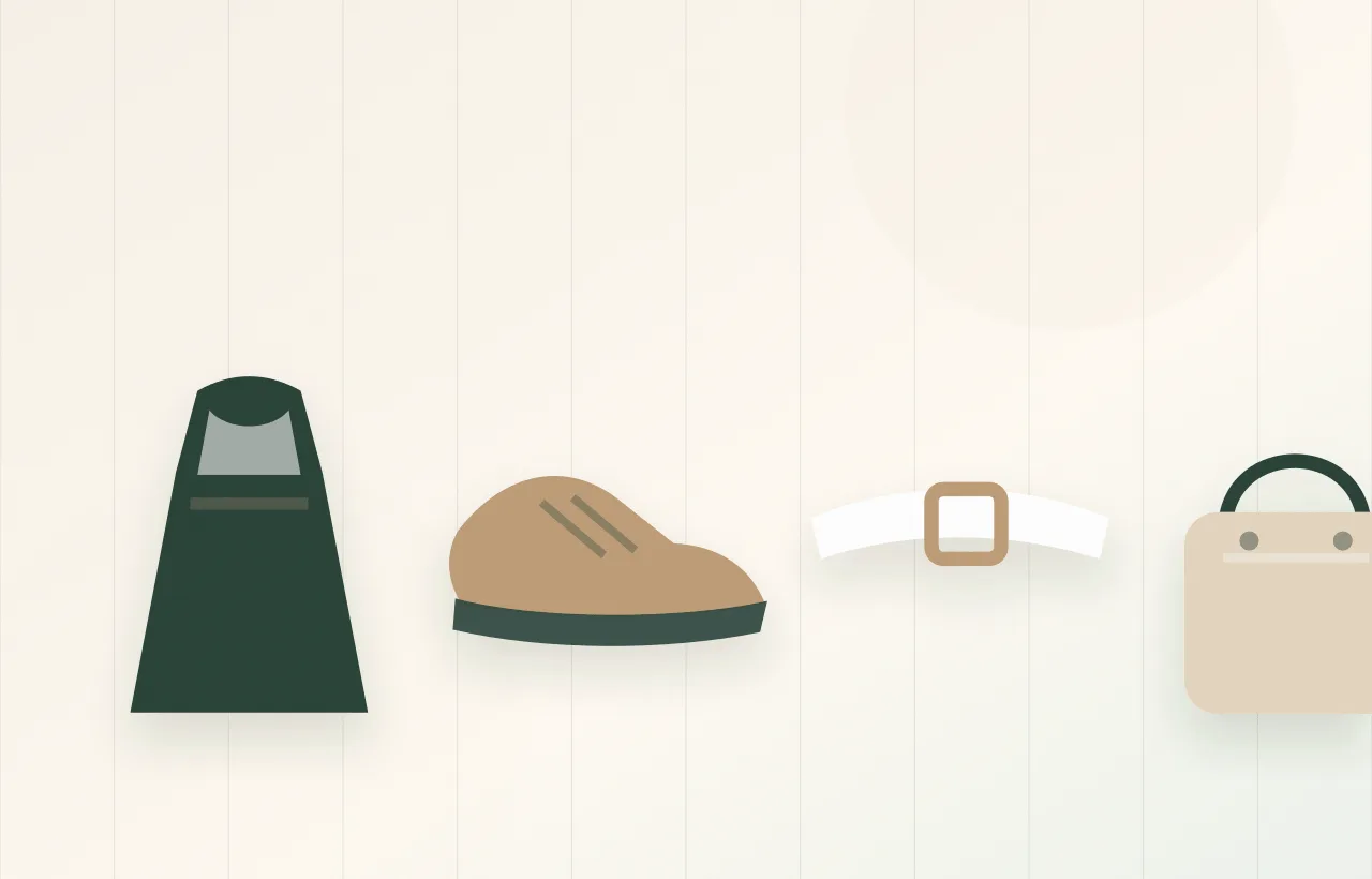 White sneaker profiles beside dress hems and belt options