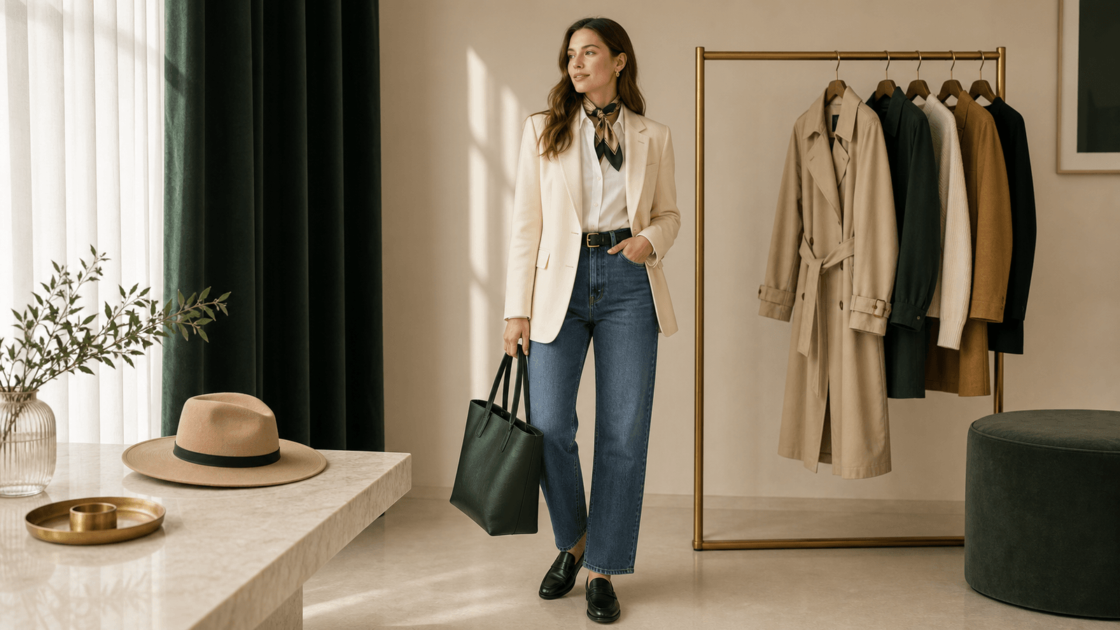 Editorial rail of clothing, shoes, hats, and accessories arranged in a premium studio